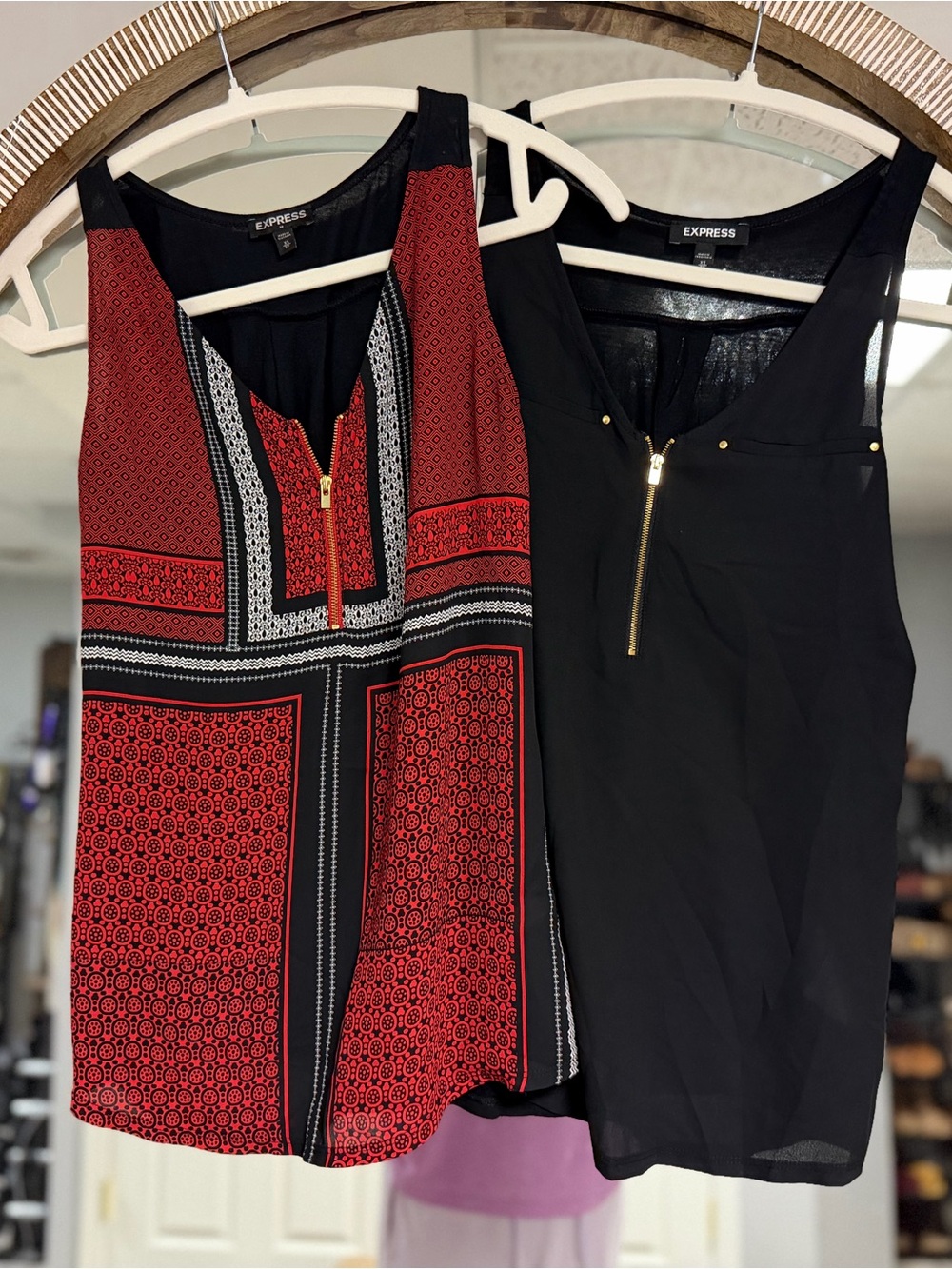 Express Red & Black Printed Zip Front Tank and Solid Zip Tank (2)